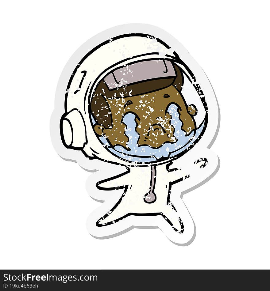 distressed sticker of a cartoon crying astronaut