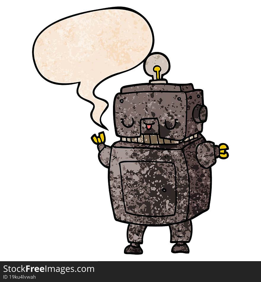 cartoon robot and speech bubble in retro texture style