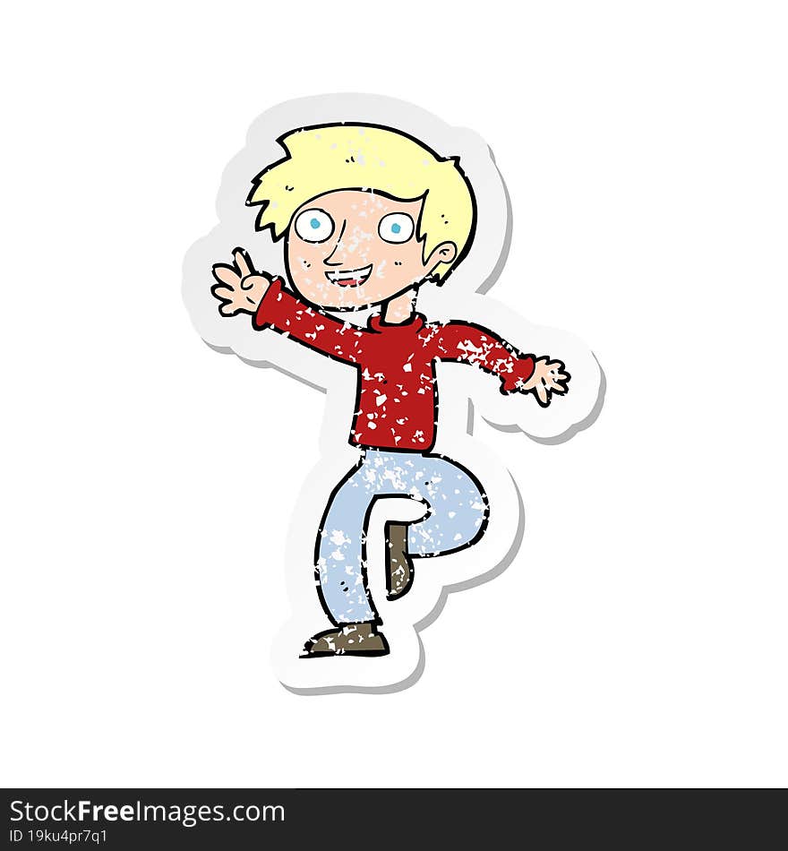 retro distressed sticker of a cartoon excited boy dancing