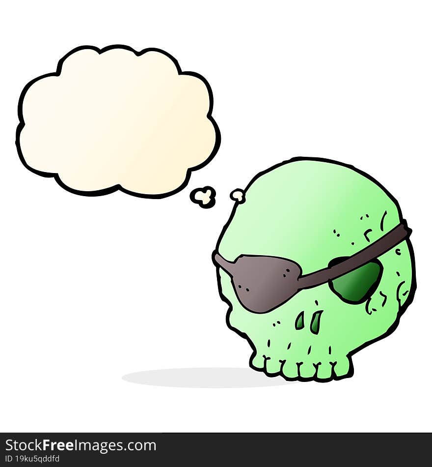 cartoon skull with eye patch with thought bubble