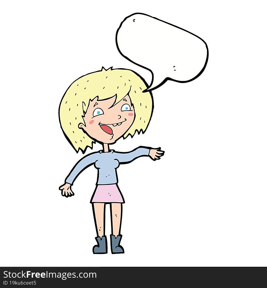 cartoon waving woman with speech bubble