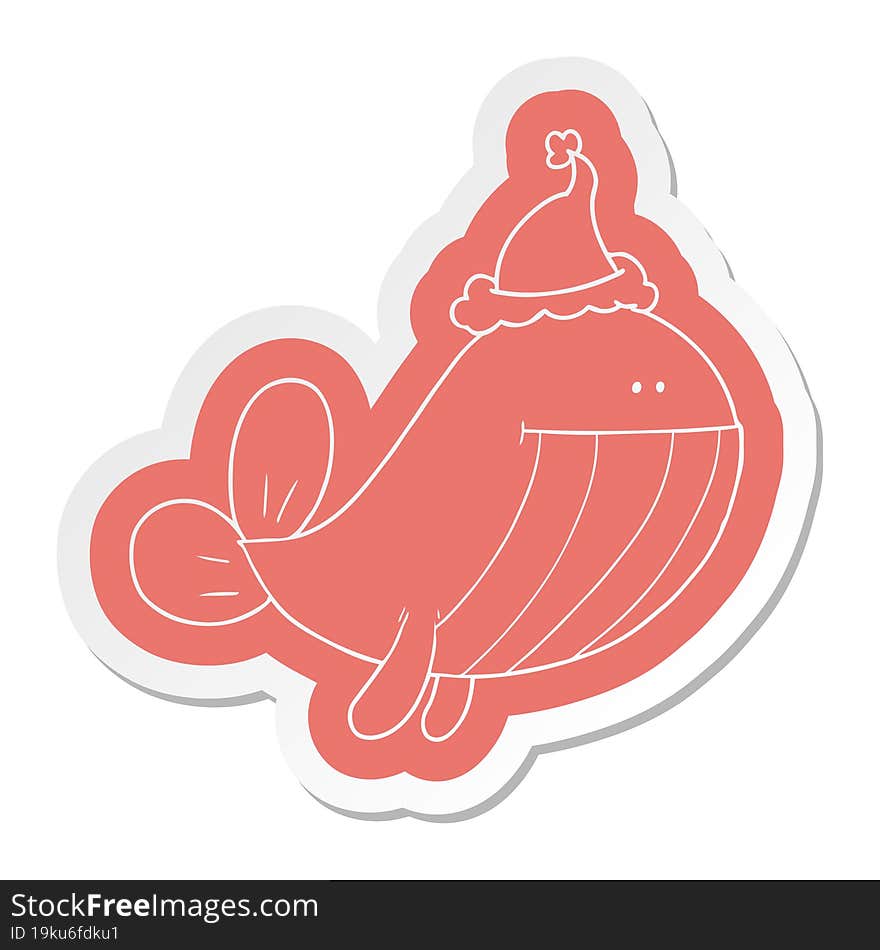 cartoon  sticker of a whale wearing santa hat