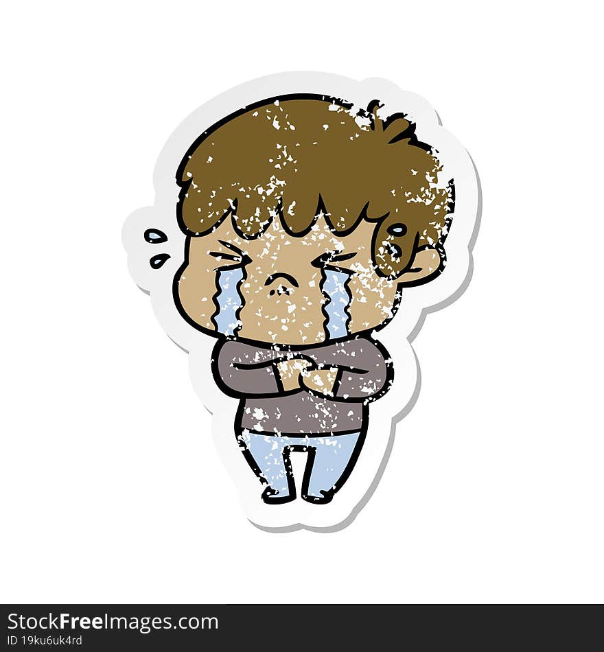 distressed sticker of a cartoon boy crying