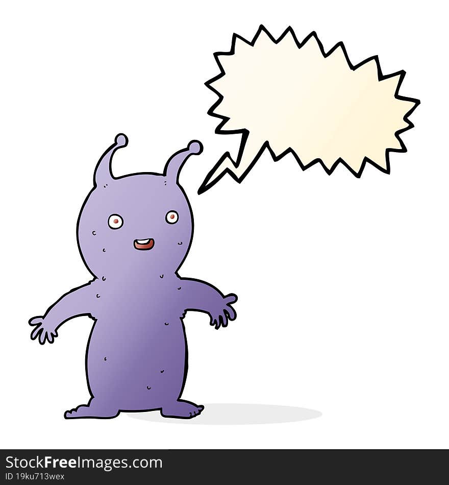 cartoon happy little alien with speech bubble