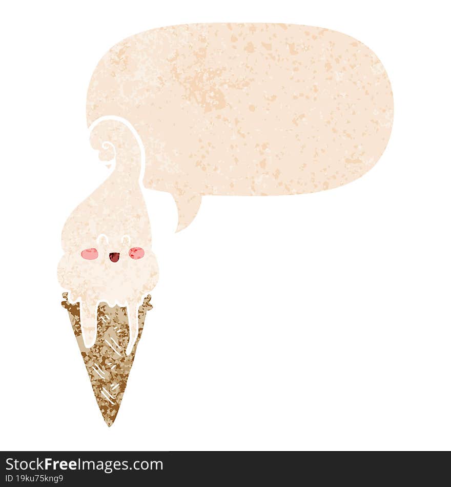 cartoon ice cream and speech bubble in retro textured style