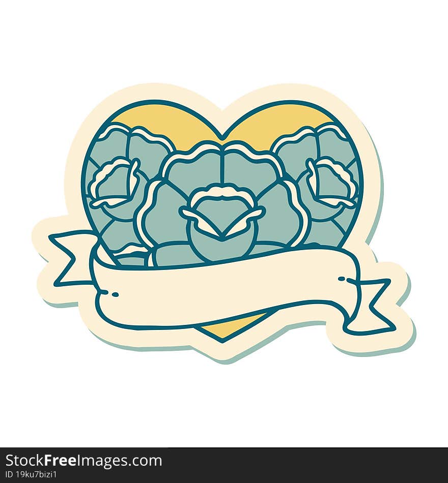 sticker of tattoo in traditional style of a heart and banner with flowers. sticker of tattoo in traditional style of a heart and banner with flowers