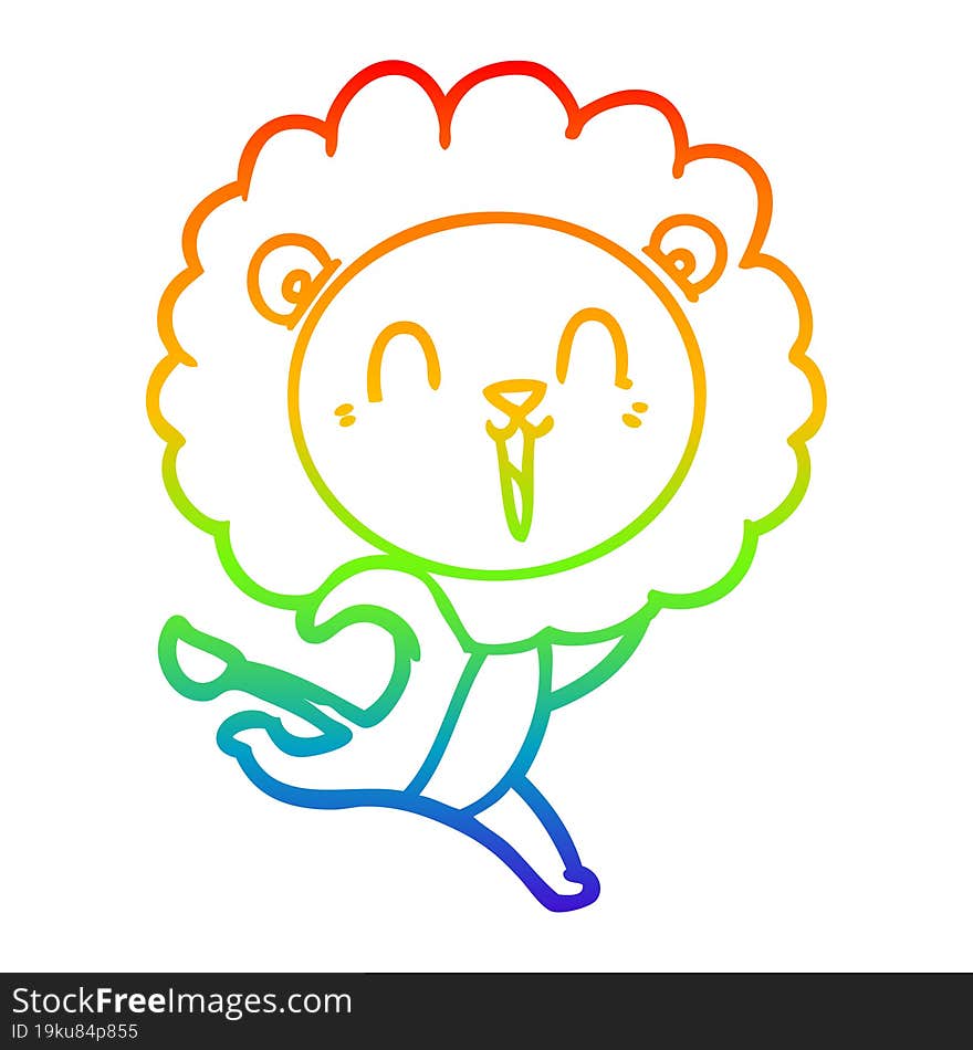 rainbow gradient line drawing laughing lion cartoon running