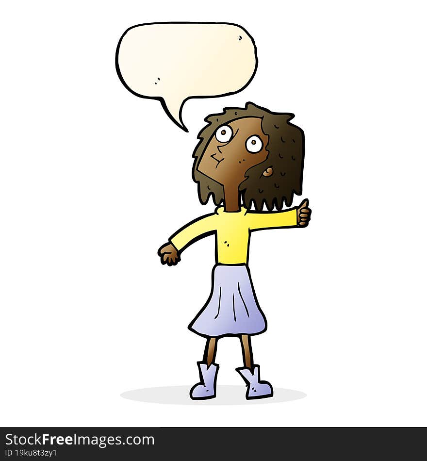 cartoon woman looking up to the sky with speech bubble