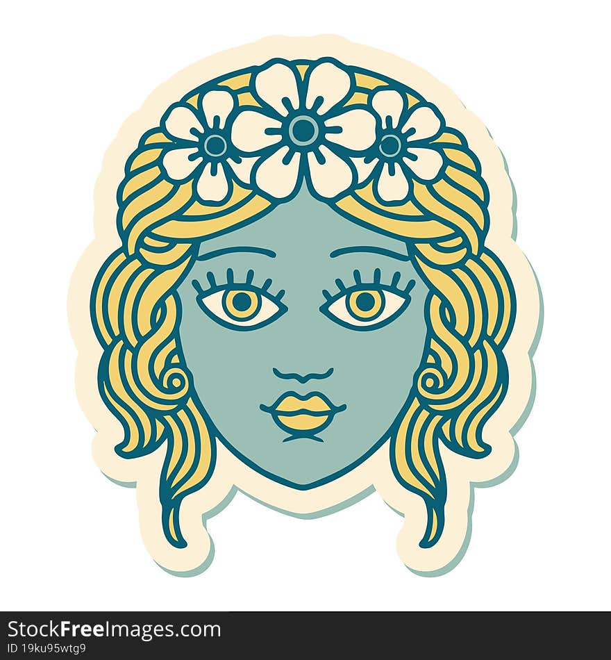 tattoo style sticker of female face with crown of flowers