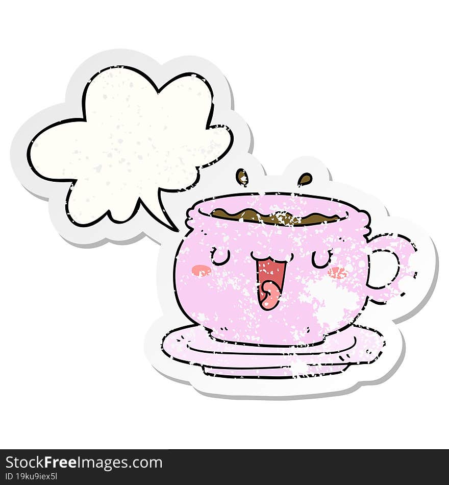 cute cartoon cup and saucer and speech bubble distressed sticker