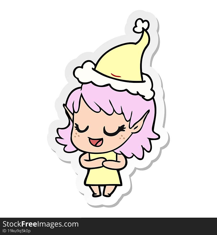 happy sticker cartoon of a elf girl wearing santa hat