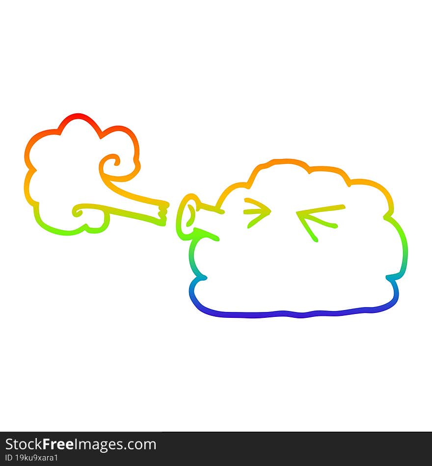 rainbow gradient line drawing of a cartoon cloud blowing a gale