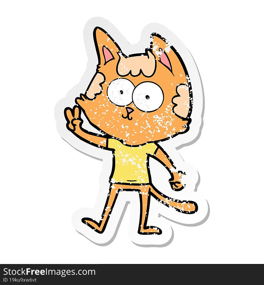 distressed sticker of a happy cartoon cat giving peace sign