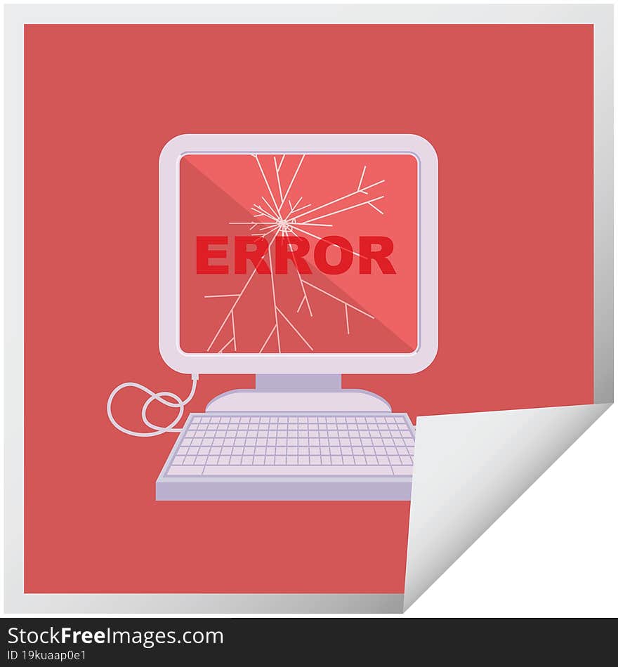 broken computer graphic vector illustration square sticker. broken computer graphic vector illustration square sticker