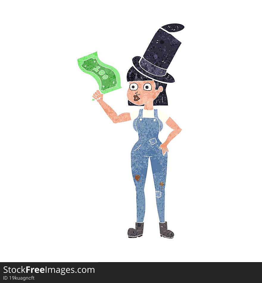 retro cartoon woman holding on to money