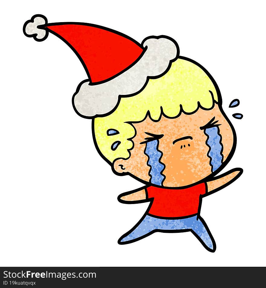 textured cartoon of a man crying wearing santa hat