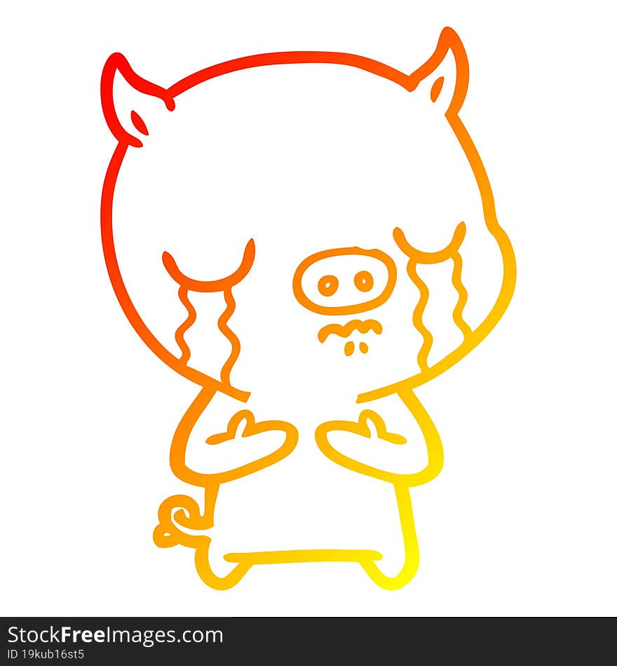 warm gradient line drawing of a cartoon pig crying