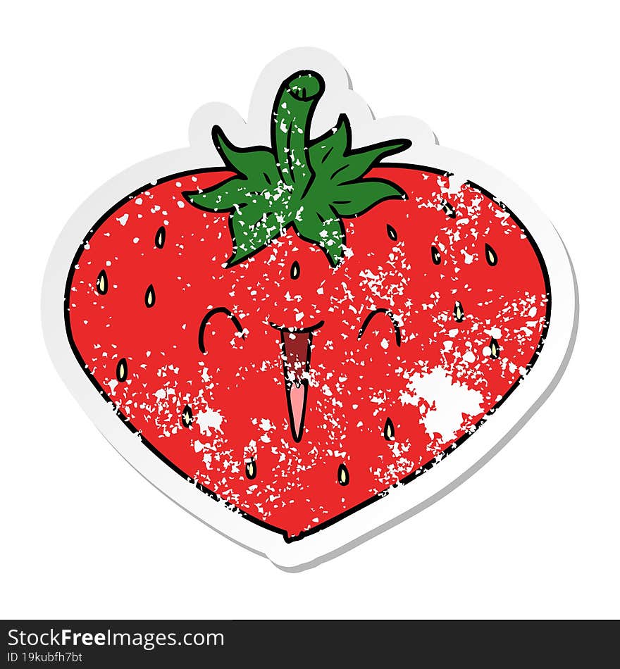 distressed sticker of a happy cartoon strawberry