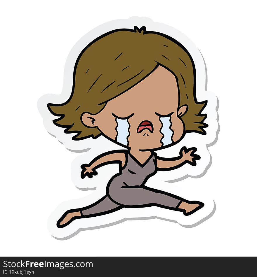 Sticker Of A Cartoon Girl Crying Whilst Running