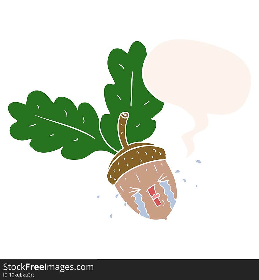 cartoon crying acorn and speech bubble in retro style