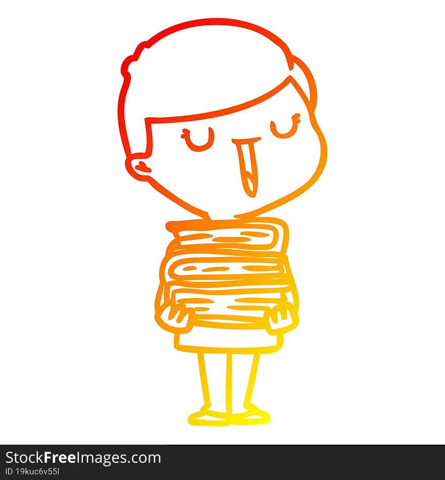 warm gradient line drawing of a cartoon happy boy with stack of books