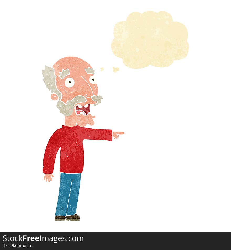 Cartoon Scared Old Man Pointing With Thought Bubble