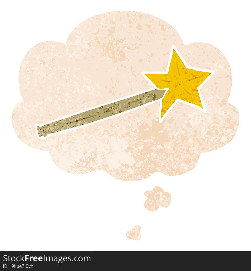 cartoon magic wand and thought bubble in retro textured style