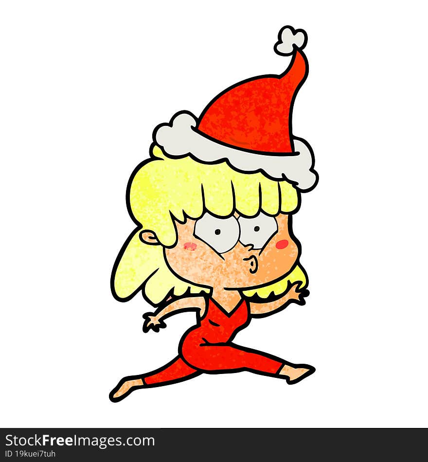 textured cartoon of a woman running wearing santa hat