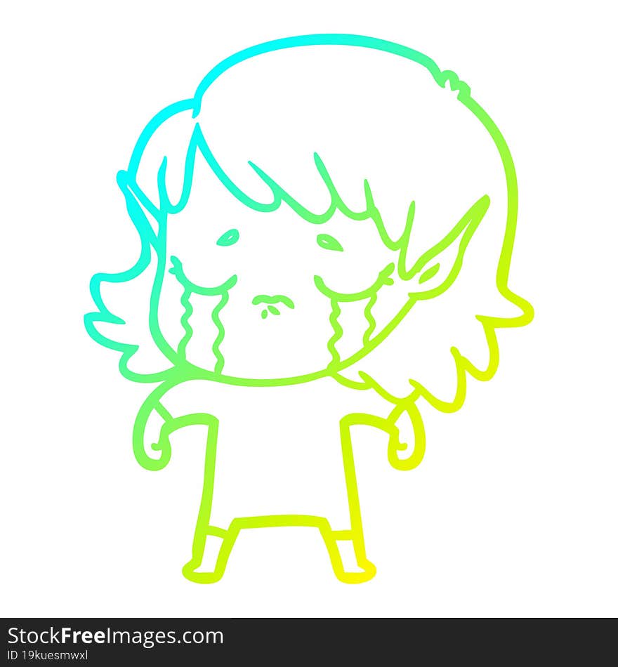 Cold Gradient Line Drawing Cartoon Crying Elf Girl