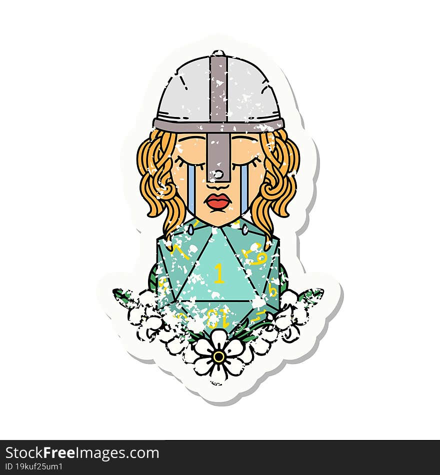 crying human fighter with natural one D20 roll grunge sticker