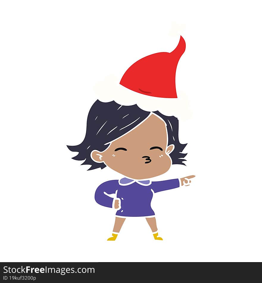 Flat Color Illustration Of A Woman Pointing Wearing Santa Hat