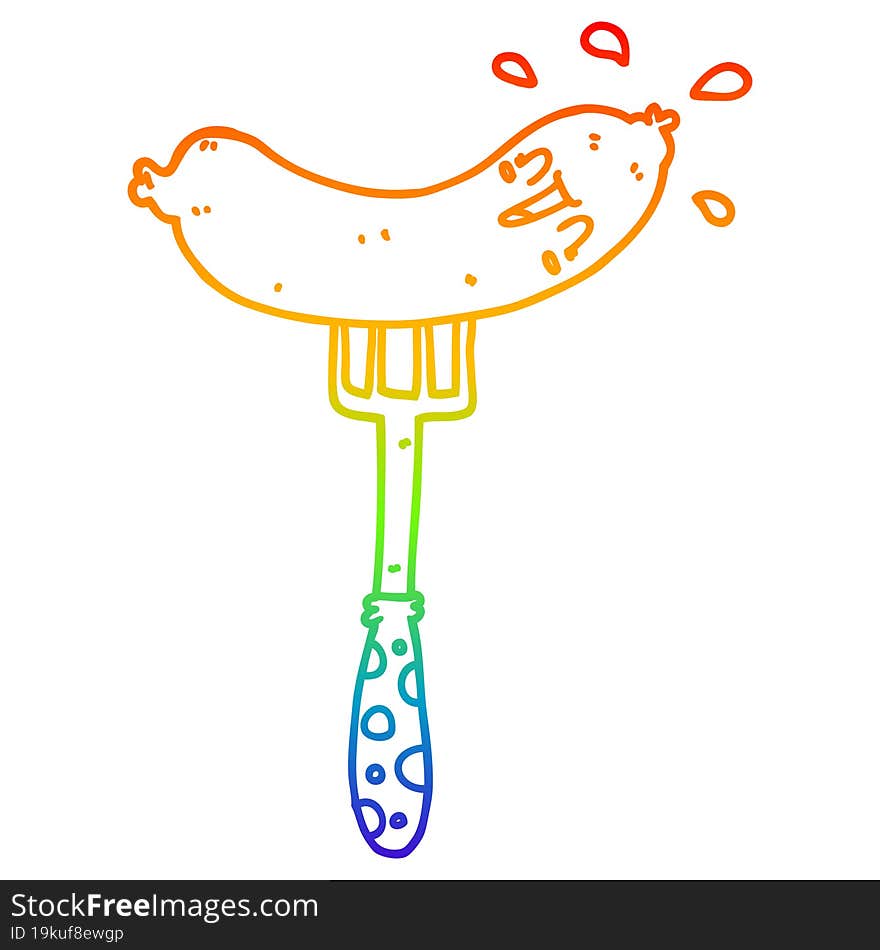 rainbow gradient line drawing of a cartoon happy sausage on fork