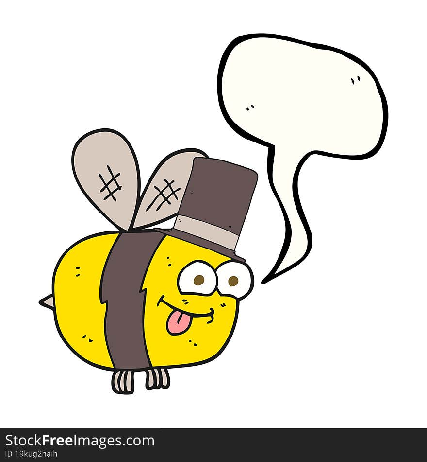 freehand drawn speech bubble cartoon bee wearing hat