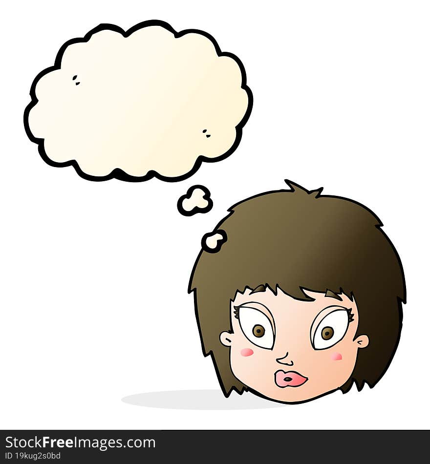 cartoon surprised female face with thought bubble