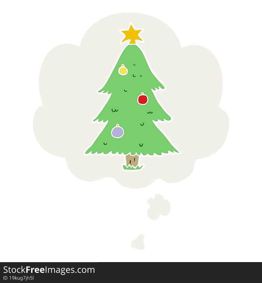 cartoon christmas tree with thought bubble in retro style