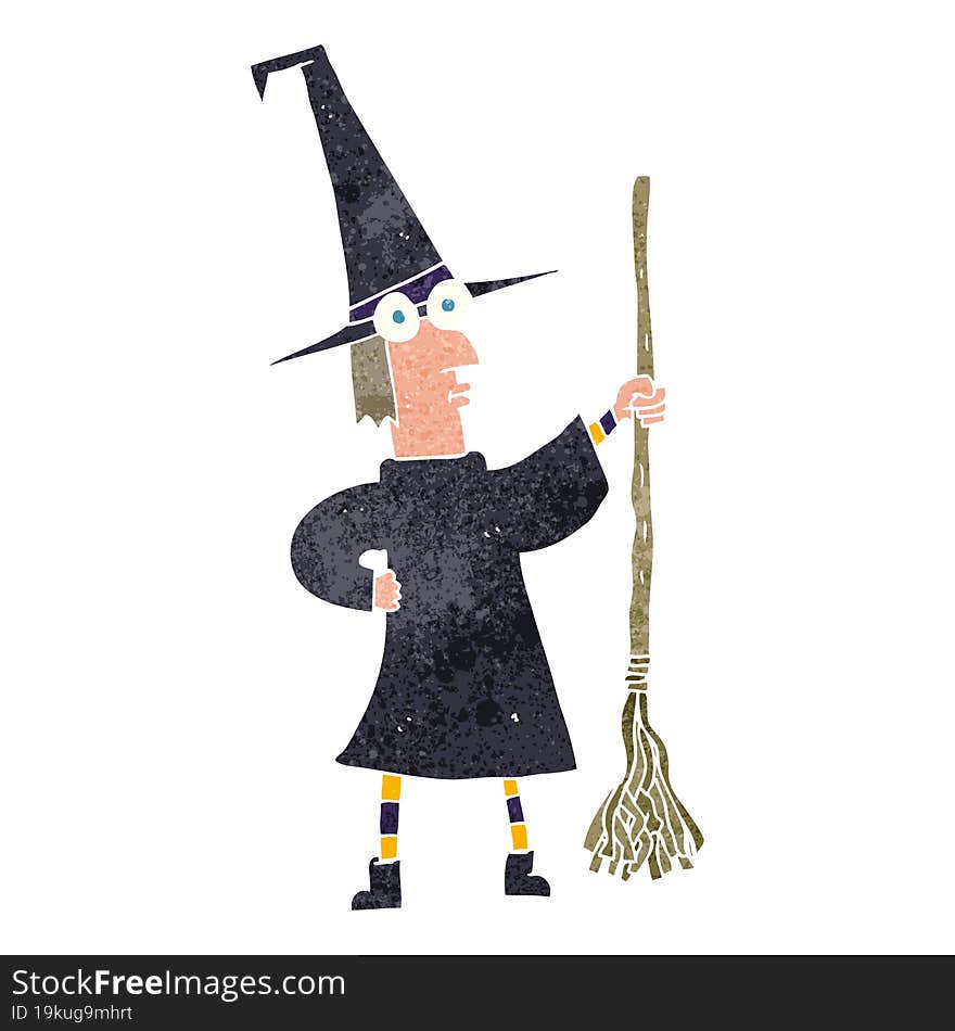 retro cartoon witch with broom