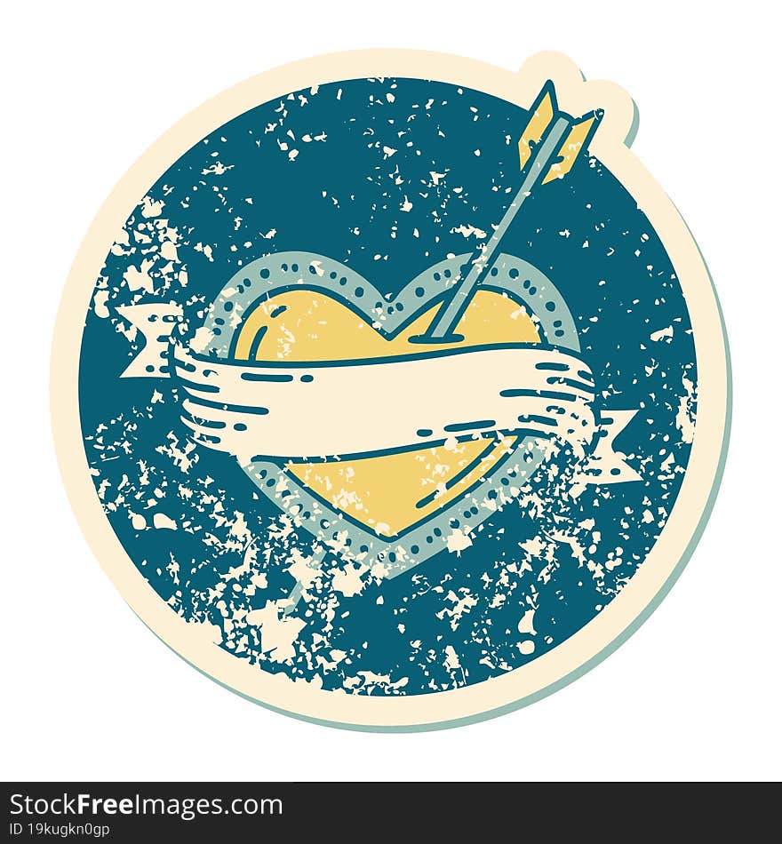 distressed sticker tattoo style icon of an arrow heart and banner