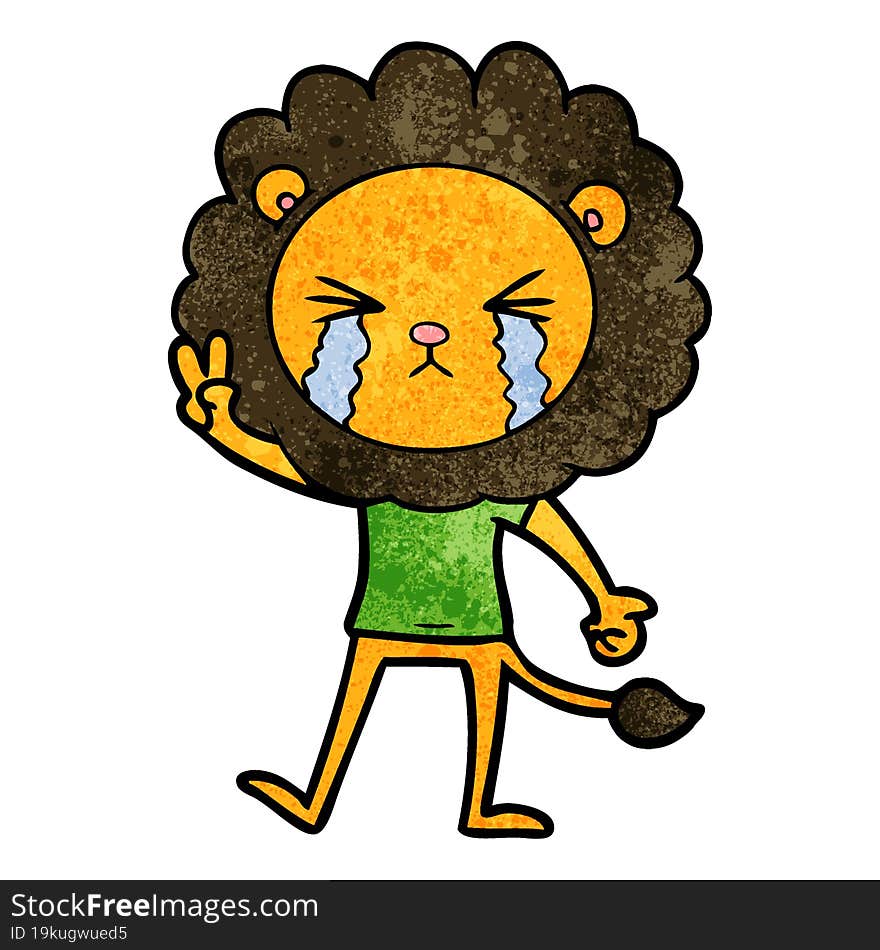 cartoon crying lion giving peace sign. cartoon crying lion giving peace sign