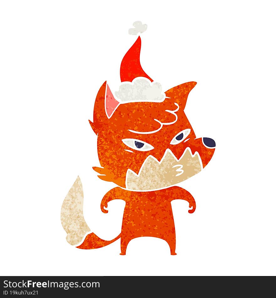 clever retro cartoon of a fox wearing santa hat