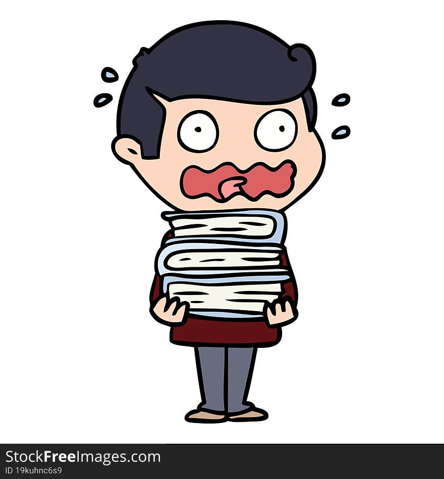 cartoon man with books totally stressed out. cartoon man with books totally stressed out