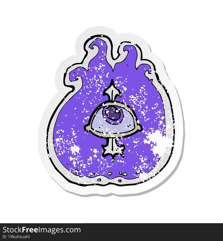 retro distressed sticker of a cartoon flaming eye symbol