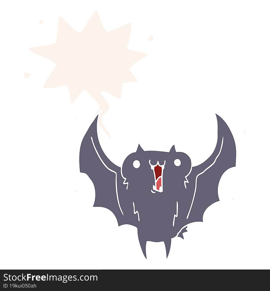 cartoon happy vampire bat and speech bubble in retro style