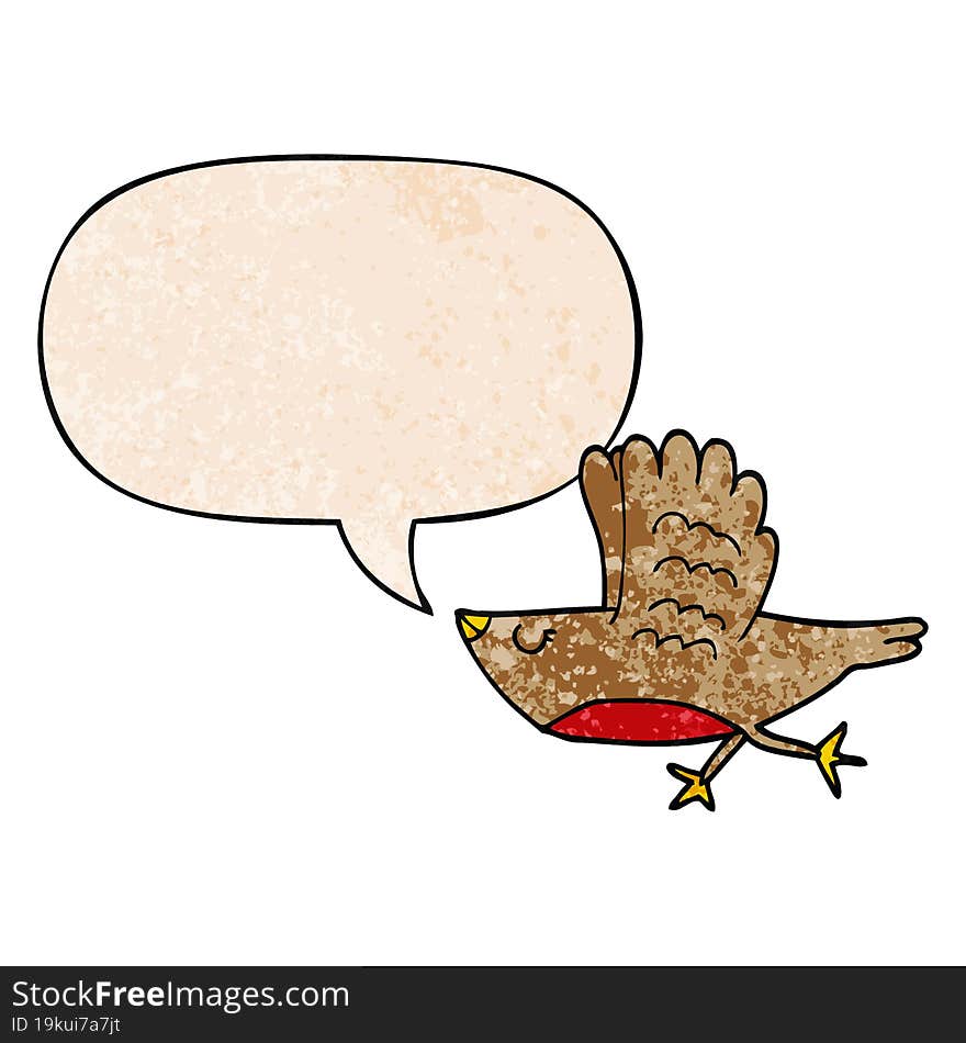 cartoon bird with speech bubble in retro texture style