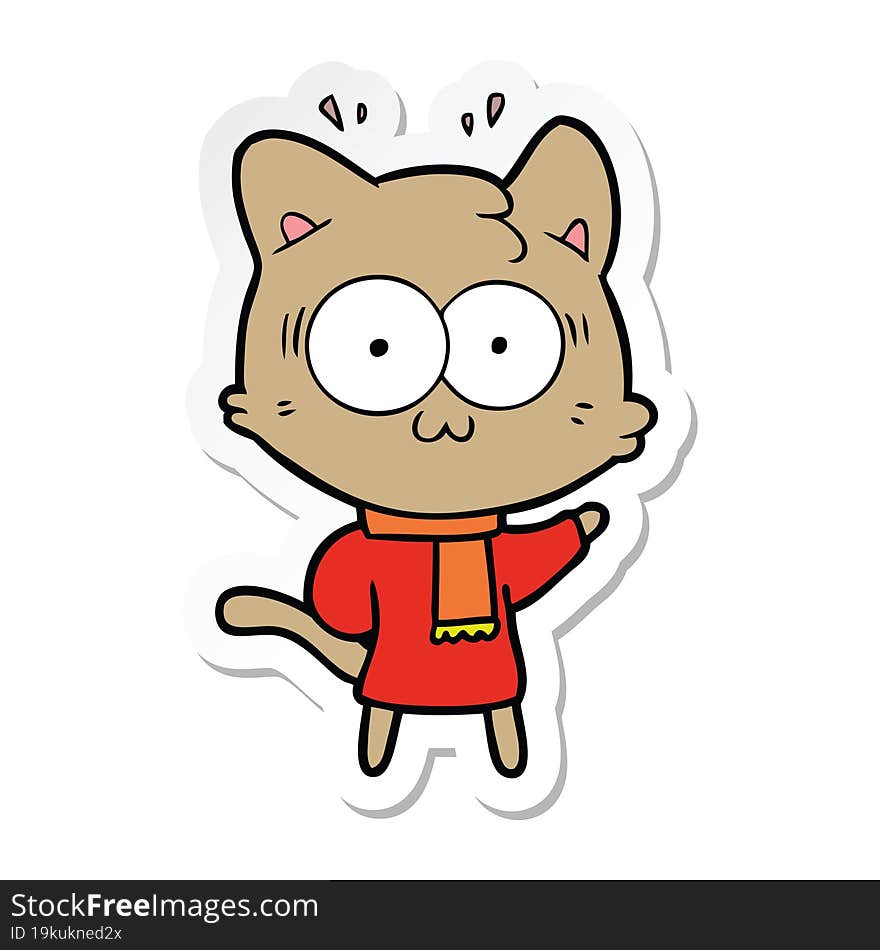 sticker of a cartoon surprised cat wearing warm winter clothes