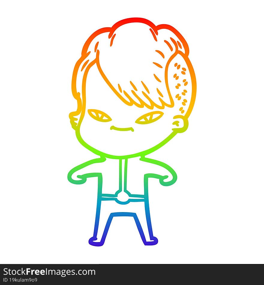 rainbow gradient line drawing of a cute cartoon girl with hipster haircut