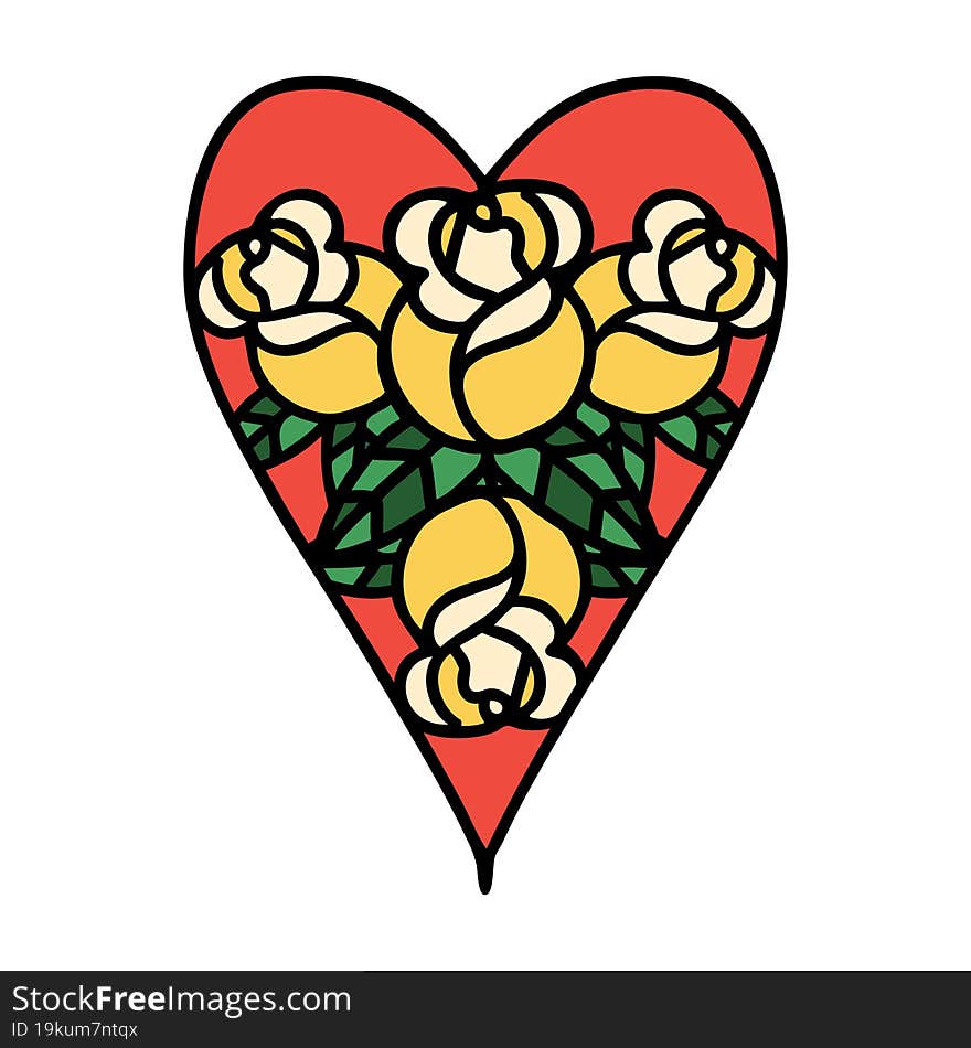 tattoo in traditional style of a heart and flowers. tattoo in traditional style of a heart and flowers