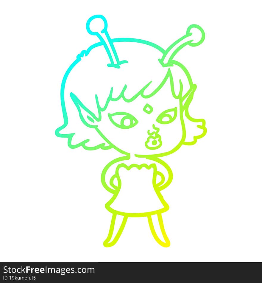 cold gradient line drawing pretty cartoon alien girl