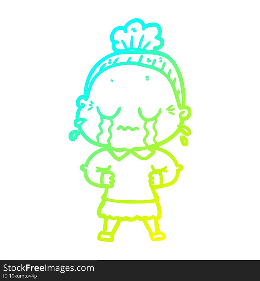 cold gradient line drawing cartoon crying old lady