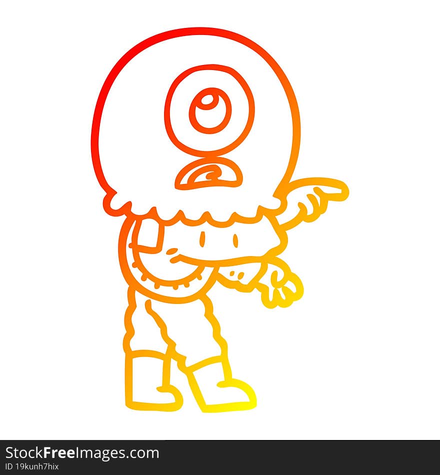 warm gradient line drawing of a cartoon cyclops alien spaceman pointing