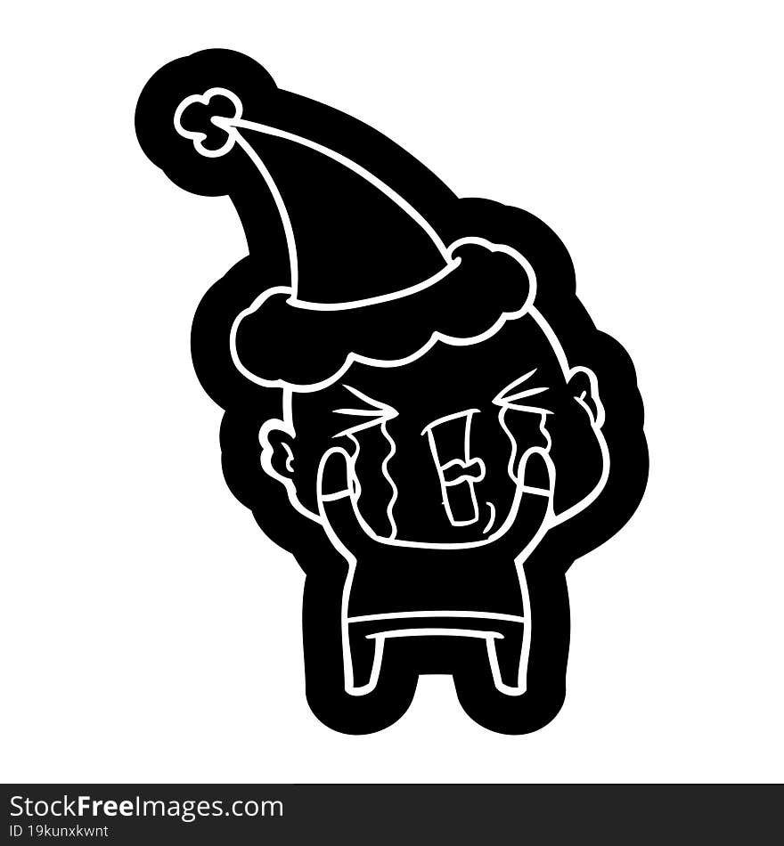 Cartoon Icon Of A Crying Bald Man Wearing Santa Hat